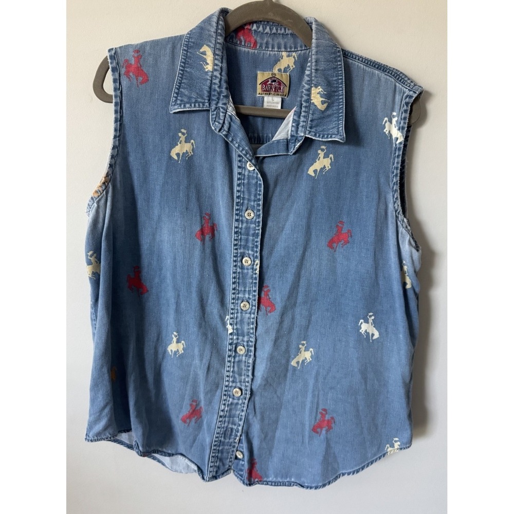 VTG 90s Y2K Barn Fly Sleeveless Button Down  Blouse Horse Western Denim Large